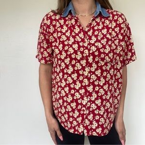Vintage 90s Button Up Floral With Denim Collar Details Sportswear Size Small
